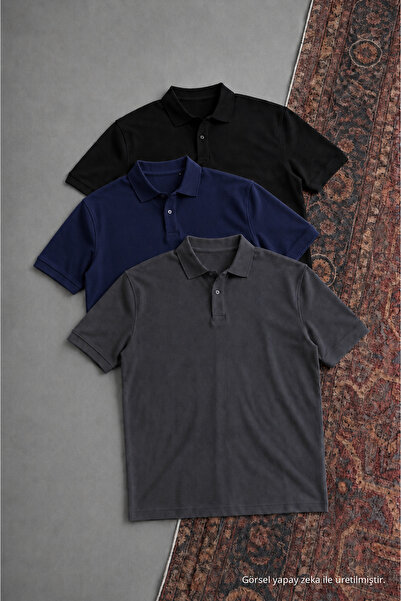 COMBİNE MİCHAİL Men's Short Sleeve Loose 3-Piece Polo Collar T-Shirt