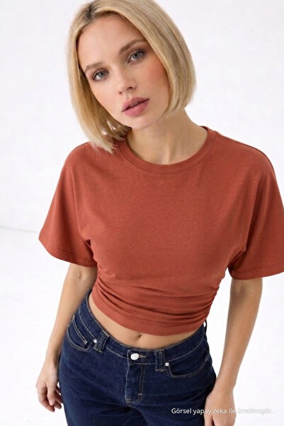 COMBİNE MİCHAİL Women's Fashion Slim Fit Powder Crop T-Shirt