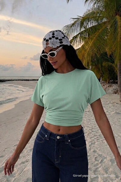 COMBİNE MİCHAİL Women's Bat Sleeve Tight Crop T-Shirt