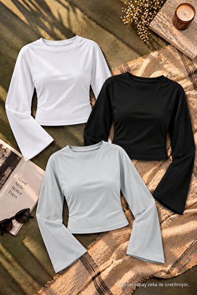 COMBİNE MİCHAİL Women's Basic Wide Sleeve Crop Blouse 3-Piece