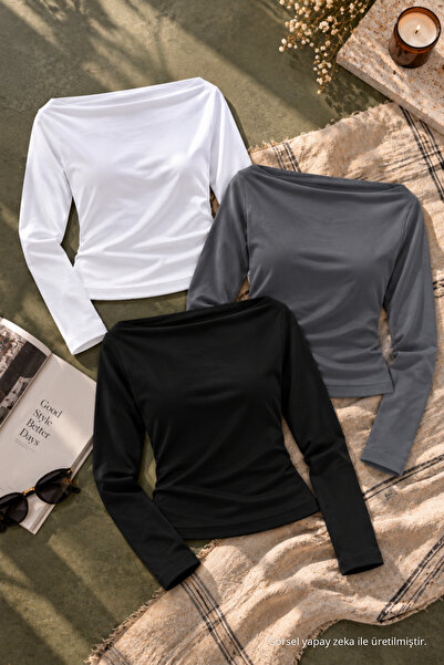 COMBİNE MİCHAİL Women's Boat Neck Basic Slim Blouse 3-Piece Set