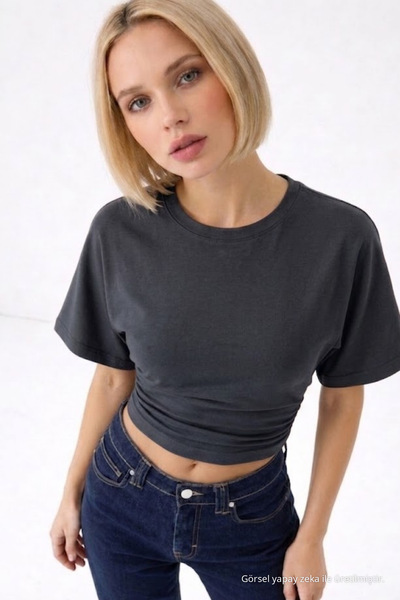 COMBİNE MİCHAİL Women's Fashion Slim Fit Smoked Crop T-Shirt