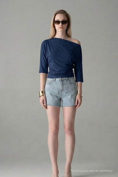 COMBİNE MİCHAİL Women's Short Sleeve Cotton Tight-Fitting Navy Blue T-Shirt