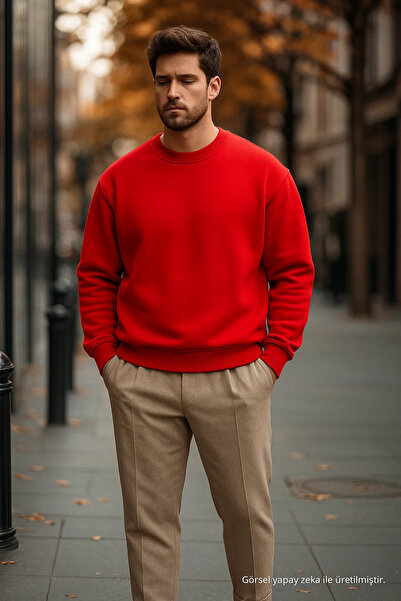 COMBİNE MİCHAİL Lässiger, lockerer, roter Basic-Pullover für Herren