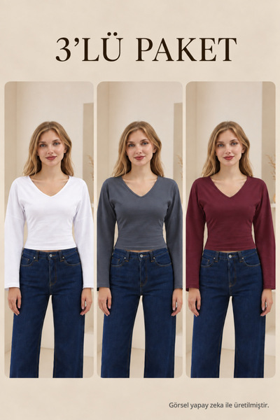 COMBİNE MİCHAİL Women's V-Neck Long Sleeve Tight 3-Piece Blouse