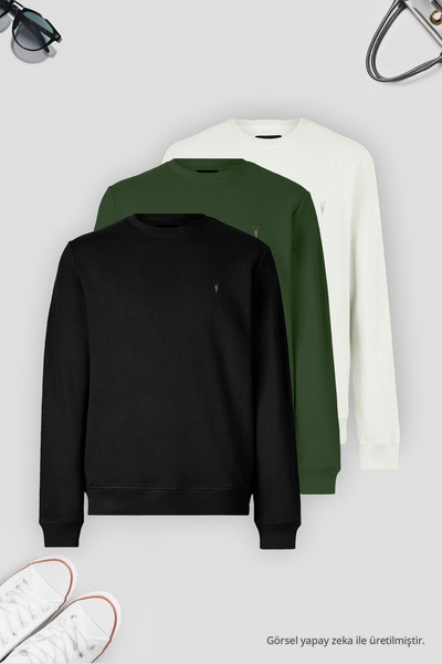 COMBİNE MİCHAİL Erkek 3-lü Siyah-beyaz-haki Sweatshirt Basic Bisiklet Yaka