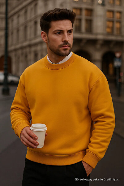 COMBİNE MİCHAİL Men's Oversize Winter Mustard Yellow Long Sweater