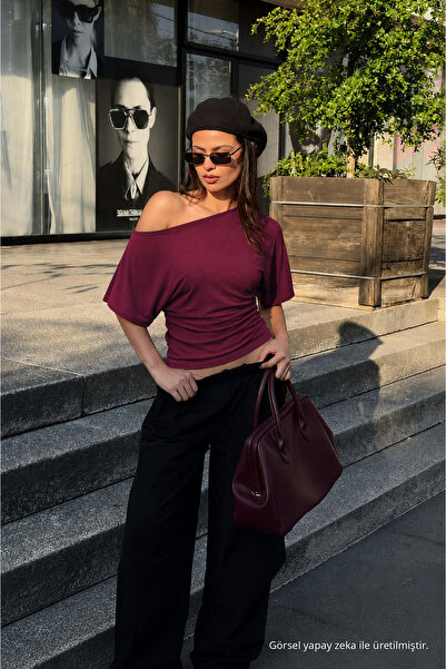 COMBİNE MİCHAİL Kadın Günlük Casual Dar Bordo Crop Bluz