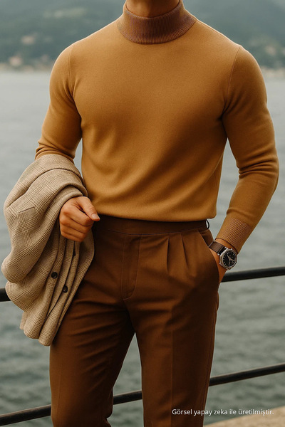 COMBİNE MİCHAİL Erkek Boğazlı Casual Kahve Triko Kazak