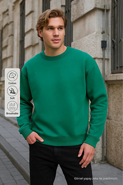 COMBİNE MİCHAİL Men's Crew Neck Casual Green Sweatshirt