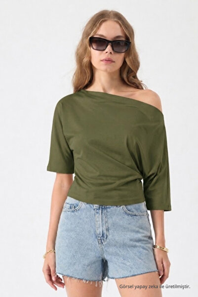 COMBİNE MİCHAİL Women's Boat Neck Half Sleeve Khaki Blouse