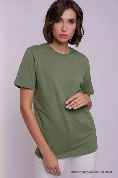 COMBİNE MİCHAİL Women's Khaki 100% Cotton Crew Neck Basic T-Shirt