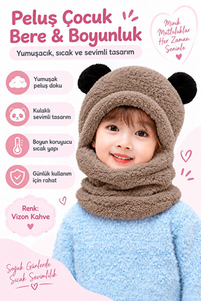 Leiste Panda Çocuk Kapşonlu Peluş Bere Atkı Welsoft Boyunluk Rüzgar Geçirmez ...