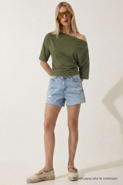 COMBİNE MİCHAİL Women's Off-The-Shoulder Short Sleeve Khaki Slim Fit T-Shirt