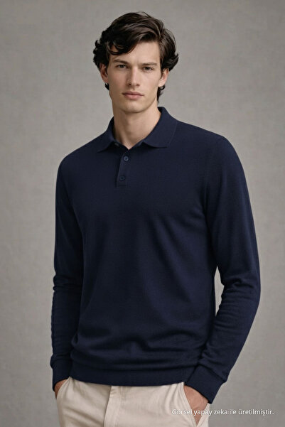 COMBİNE MİCHAİL Men's Casual Navy Blue Polo Neck Knit Sweater