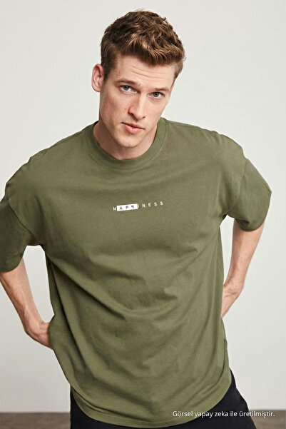 COMBİNE MİCHAİL Men's Text Printed Oversize Khaki T-Shirt