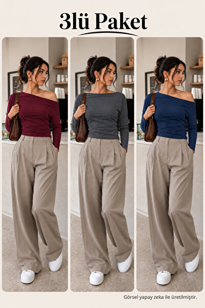 COMBİNE MİCHAİL Women's Boat Neck Basic Slim Blouse 3-Piece
