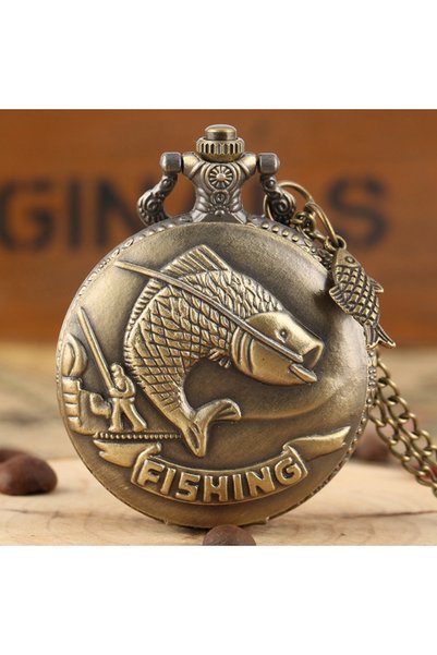 Choice bronze Vintage Bronze Fishing Pattern With Necklace Pendant Quartz Poc...