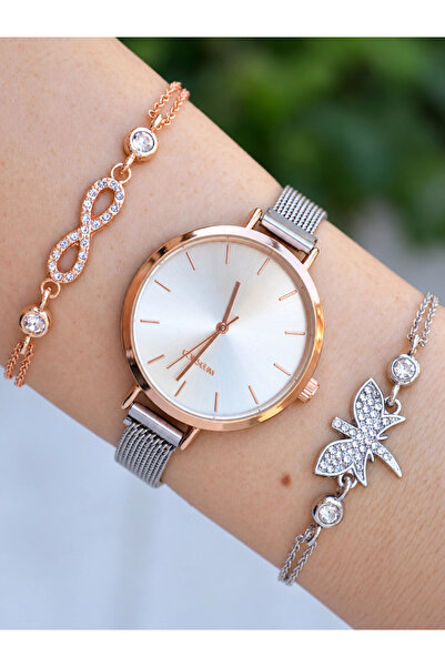 COLESİUM Rose Kasa Silver Hasır Mıknatıslı Kordon Kadın Saat Kombini 1455