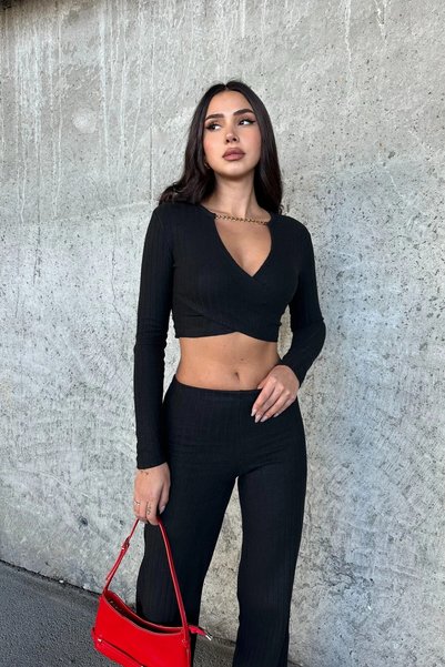 TALY Chain Detailed Long Sleeve Crop,High Waist,Elastic Waist Band Palazzo Pants Suit
