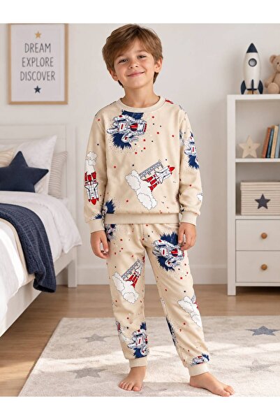 Pajama Shop Erkek Çocuk Pamuklu Şardonlu Kumaş Bej Renk Astronot Roket Desenl...