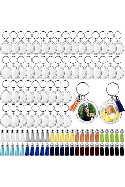 Choice 100pcs 100PCS Circle Acrylic Photo Frame Keychain with Tassels Snap-In...