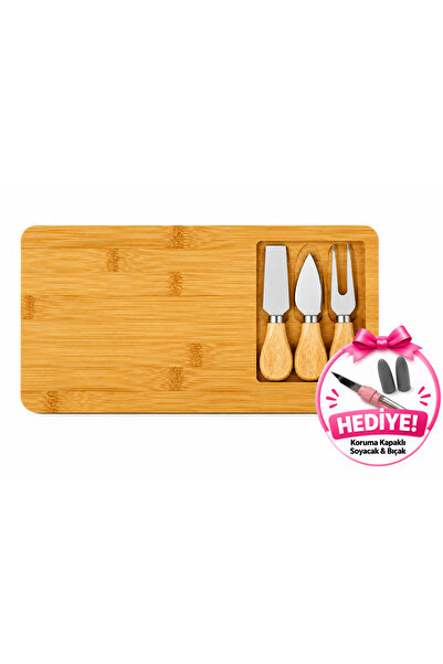 Aşkana Bamboo Cheese Presentation Board Set, with 3 Attachments, 4 Pieces, Wo...