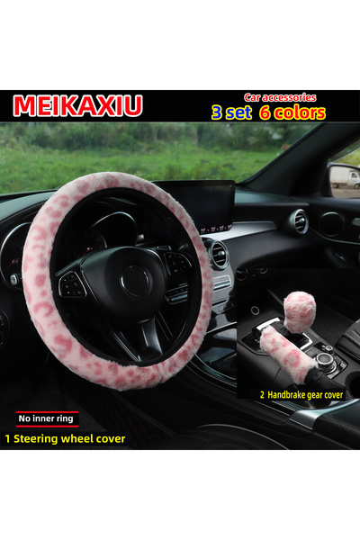 Choice Pink 3 pcs plush leopard print car rimless steering wheel cover, handb...