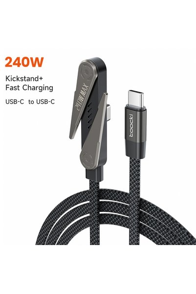 Choice3 كابل Toocki نوع C أسود بطول 1.5 متر، 240 واط، مع حامل هاتف مدمج قابل ...