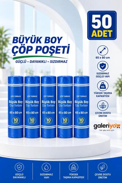 Galeriyo Büyük Boy Çöp Poşeti - Çöp Torbası 5 Adet 65x80 200 Gram Mavi