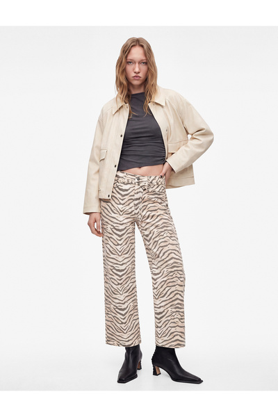 Koton Zebra Patterned Regular Waist Lace-Up Cotton Wide Leg Denim Trousers wi...