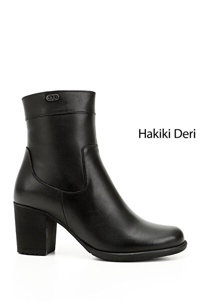 GÖNDERİ(R) Women's Black Zippered Thick Heeled Genuine Leather Boots