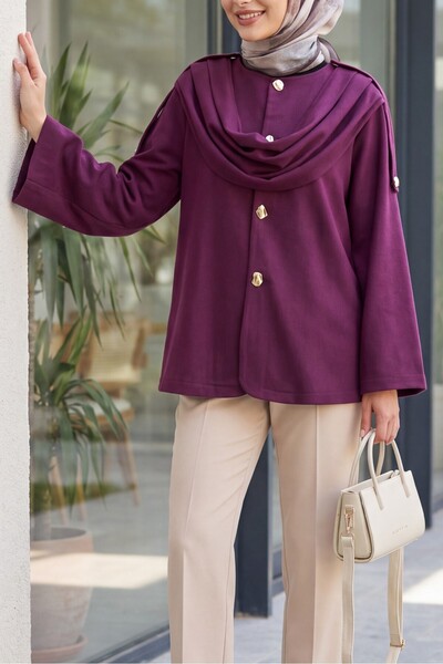 Modamorfo Shawl Detailed Winter Felt Jacket -Plum