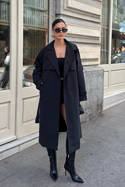 BEJNA Women's Black Double Breasted Collar Belted Long Trench Coat