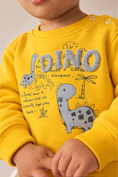 Rocha Baby Baby Boy Dinosaur Printed Double Set Sweatshirt and Pants with Shoulder Snap Fasteners