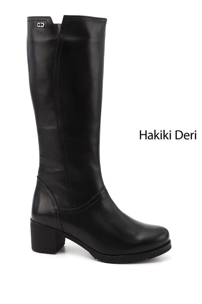 GÖNDERİ(R) Kadın Siyah Fermuarlı Kalın Topuklu Hakiki Deri Çizme