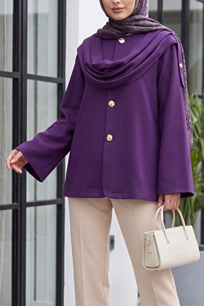 Modamorfo Shawl Detailed Winter Felt Jacket - Purple