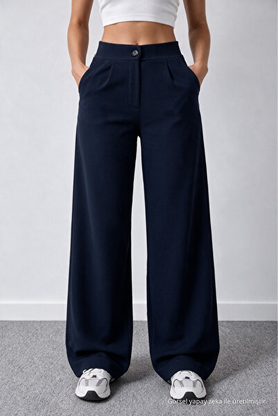 BİKELİFE Women's Navy Blue Stretch Fabric Palazzo Relaxed Wide-Leg Pants