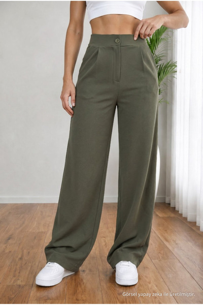 BİKELİFE Women's Khaki High Waist Loose Fit Lycra Wide Leg Palazzo Trousers