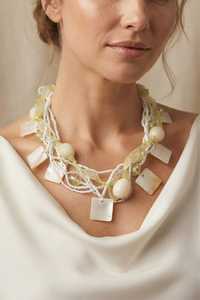 PETEK AKSESUAR Square Pearl Stone Acrylic Glass Bead Multi Tule Necklace