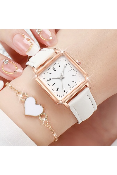 Choice HH10638 طقم ساعات نسائية مربعة أنيقة بسوار جلدي وسوار على شكل قلب من ق...