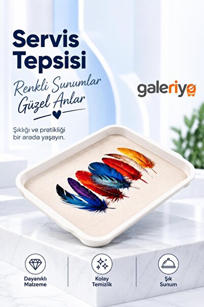 Galeriyo Renkli Kuş Tüyü Desenli Orta Boy Servis Tepsisi