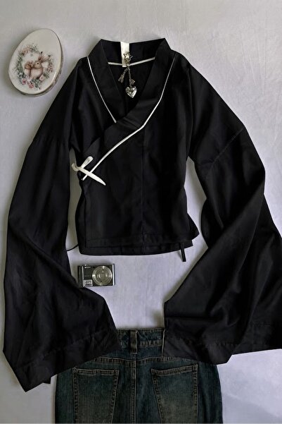 ARS Butik China Style Siyah Beyaz Qipao Şerit Detaylı Y2K Uzun Kollu Crop Bluz