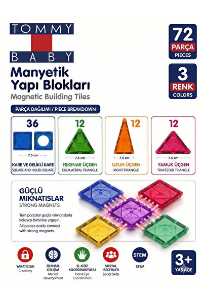 Tommybaby Manyetik Yapı Blokları – Çocuklar İçin Renkli 3 Boyutlu 72 Parça Manyetik Oyun Seti
