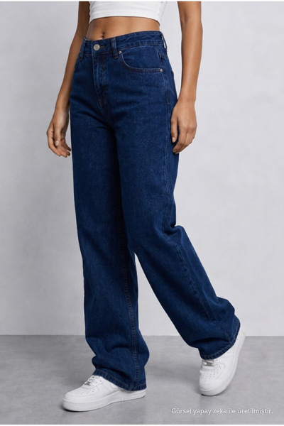 BİKELİFE Women's Navy Blue High Waist Wide Leg Loose Stretchy Palazzo Trousers