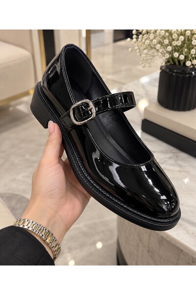 Zenora Shoes Kadın Babet Siyah Rugan Mary Jane Ayakkabı
