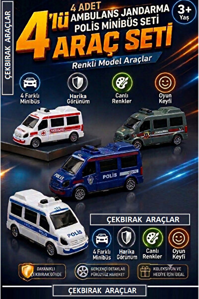 OYUNCAKSAHİLİ Minübüs Seti 4 Adet Geri Çekbırak Minibüs Jandarma Ambulans Kır...