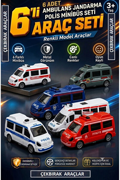 OYUNCAKSAHİLİ Araç Set 6 Adet Çek Bırak 112 Acil Polis Minibüsü Set Ambulans ...