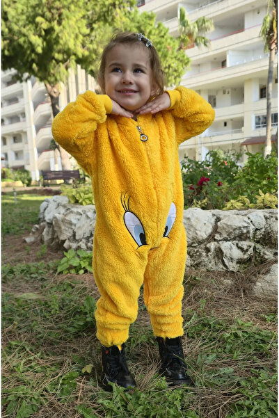 Burcumay Kız Erkek Unisex Kışlık Peluş Polar Sarı Kapüşonlu Çocuk Bebek Tulum...