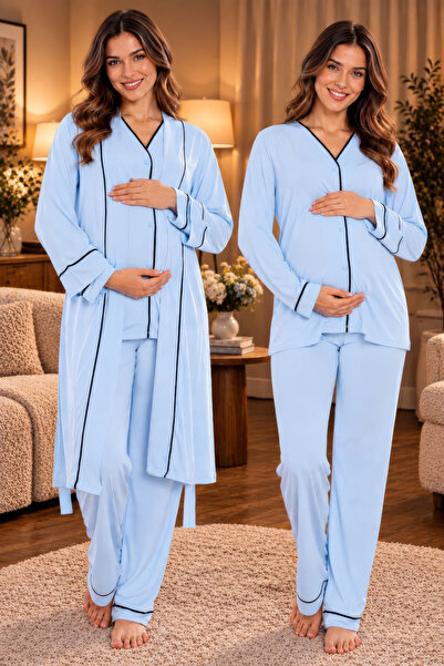 ByLohusa Maternity Pajama Set with Nursing Features and Robe Effortt - Blue